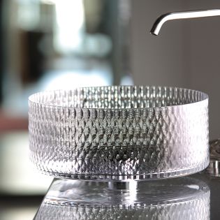 Emilie 712 Round Hand-Cut Clear Crystal Vessel Bathroom Sink, 14.4"