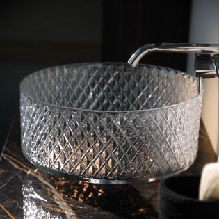 Emilie 731 Round Hand-Cut Clear Crystal Vessel Bathroom Sink, 14.4"