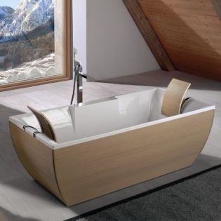 Kali Art Designer Freestanding Bathtub, White Oak Wood Exterior, White Interior