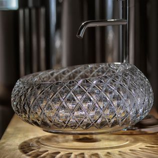 La Scala 800 Round Hand-Cut Clear Crystal Vessel Bathroom Sink, 16.1"