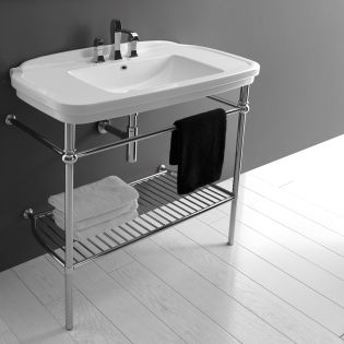 Nova 100C Classical Ceramic Console Bathroom Sink in Glossy White with Chrome Structure, 39.4"