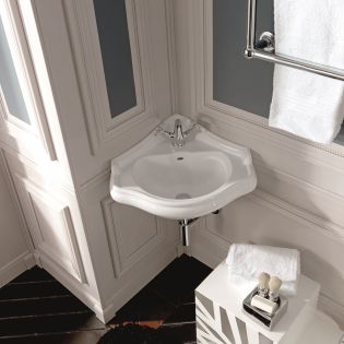 Retro 1032 Classical Ceramic Corner Wall Mounted Bathroom Sink in Glossy White, 24.4"