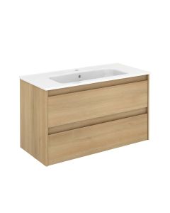 Ambra 100 Wall Mounted / Floating Bathroom Vanity in Nordic Oak, Includes Integrated Ceramic Sink, 39.4"
