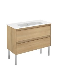 Ambra 100F Freestanding Bathroom Vanity in Nordic Oak, with Chrome Legs, Includes Integrated Ceramic Sink, 39.4"
