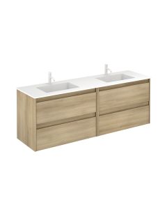 Ambra 160 Wall Mounted / Floating Double Bathroom Vanity in Nordic Oak, Includes Integrated Ceramic Sink, 63.0"