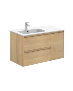 Ambra 90 Wall Mounted / Floating Bathroom Vanity in Nordic Oak, Includes Integrated Ceramic Sink, 35.6"
