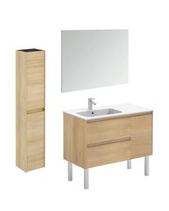 Ambra 90F Pack 2 Freestanding Bathroom Vanity, with Chrome Legs, Includes Integrated Ceramic Sink, Wall Mirror, and Bathroom Cabinet, 35.6"