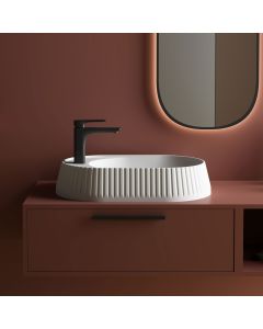 Bloom Art 70.45 Fluted-Design Ceramic Oval Vessel Bathroom Sink in Glossy White, 27.6"