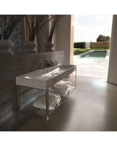 Cento 3534+9123K1 Rectangular Wall Mounted Console Bathroom Sink in Glossy White with Chrome Structure, 47.2"