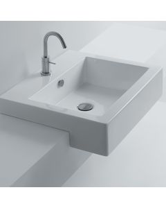 Hox 48S Square Ceramic Semi-recessed Bathroom Sink in Glossy White, 18.9"