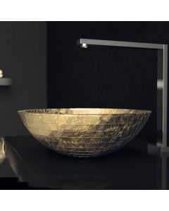 Mosaic Round Metal Vessel Bathroom Sink in Gold Leaf, 16.5"