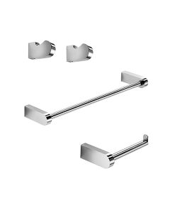 Muci Bathroom Hardware Accessory Set in Polished Chrome, Includes Towel Bar, Toilet Paper Holder and Set of Bathroom Hooks