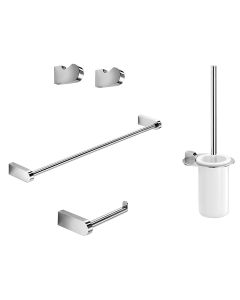 Muci 5592 Bathroom Hardware Accessory Set in Polished Chrome, Includes 23.6" Towel Bar, Toilet Paper Holder, Set of Bathroom Hooks and Toilet Brush Holder