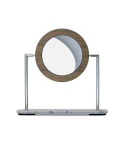 TS1 NW Round Freestanding Double Sided Magnifying Makeup Mirror in Brushed Stainless Steel with Walnut Wood Frame