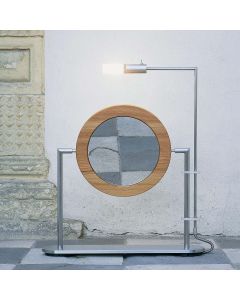 TS1 NWL Round Freestanding Double Sided Magnifying Makeup Mirror in Brushed Stainless Steel with Walnut Wood Frame and Light