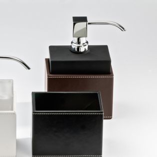 DW BROWNIE SSP Freestanding Glass Soap Dispenser in Matte Black with Brown Leather Holder, Polished Chrome Pump