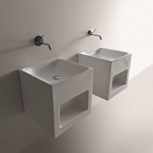 Cento 3538 Square Ceramic Vessel or Wall Mounted Bathroom Sink in Glossy White, 17.7"