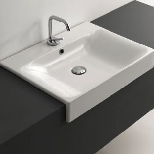 Cento 3547 Rectangular Ceramic Semi-recessed Bathroom Sink in Glossy White, 23.6"