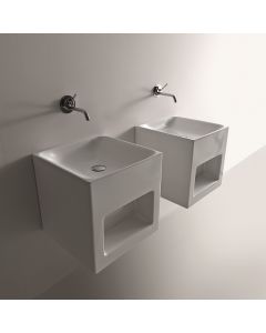 Cento 3538 Square Ceramic Vessel or Wall Mounted Bathroom Sink in Glossy White, 17.7"