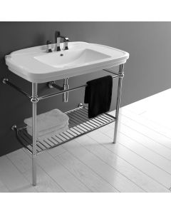 Nova 100C Classical Ceramic Console Bathroom Sink in Glossy White with Chrome Structure, 39.4"