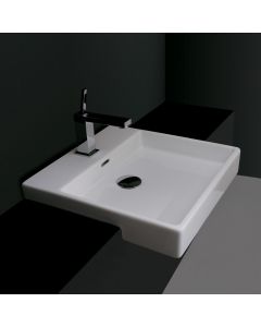 Plain 45S Square Ceramic Semi-Recessed Bathroom Sink in Glossy WhiteWhite, 17.7"